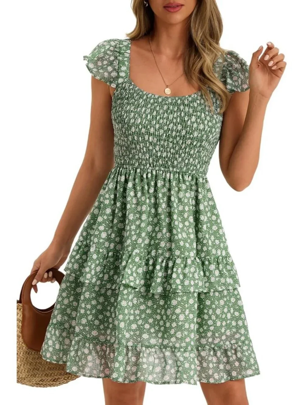 Women's Summer Dress Boho Green Smocked Ruffle Sun Beach Mini Swing Dress